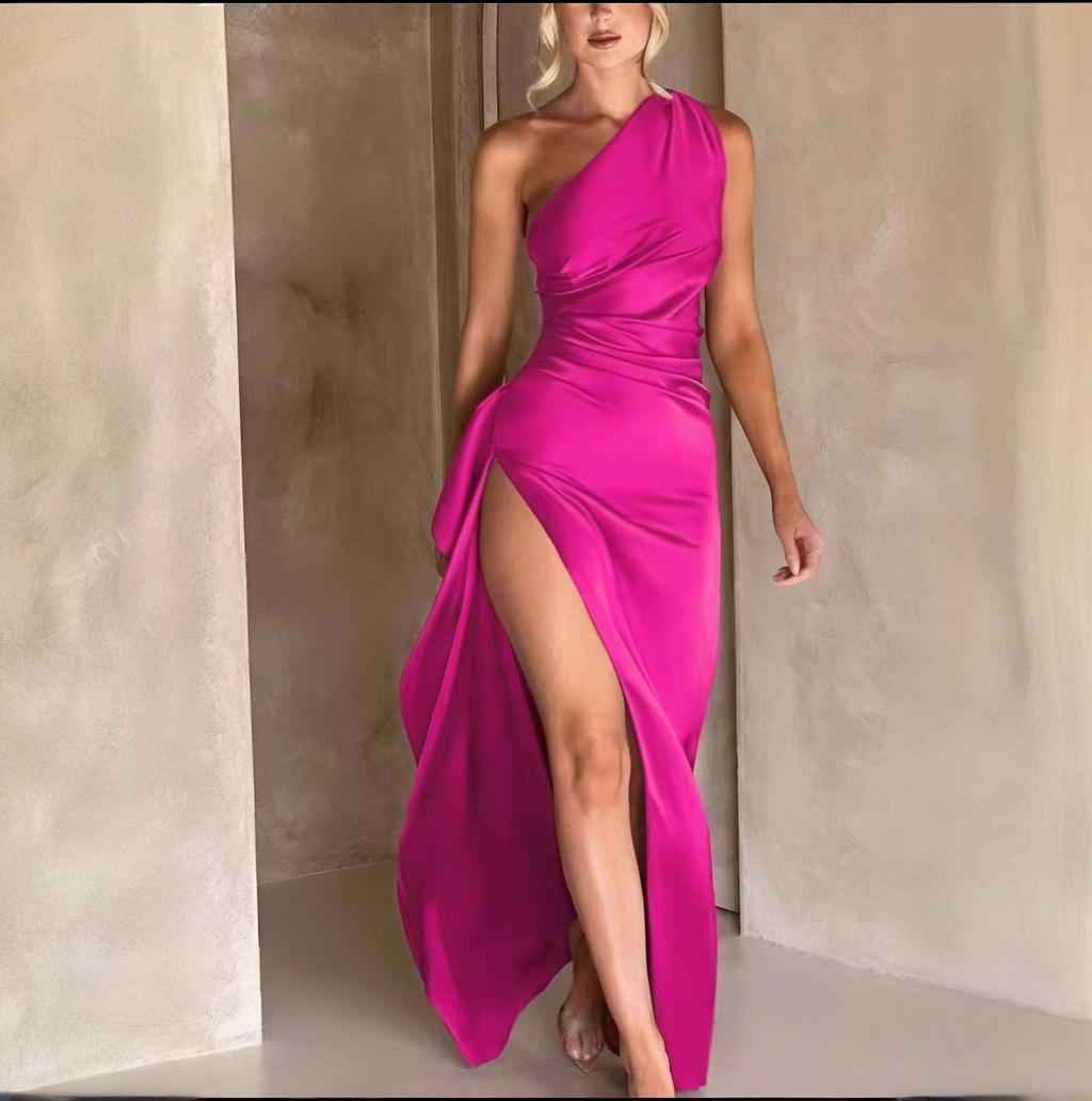 One-Shoulder Backless Slit Satin Dress – Elegant Summer Party Dress.