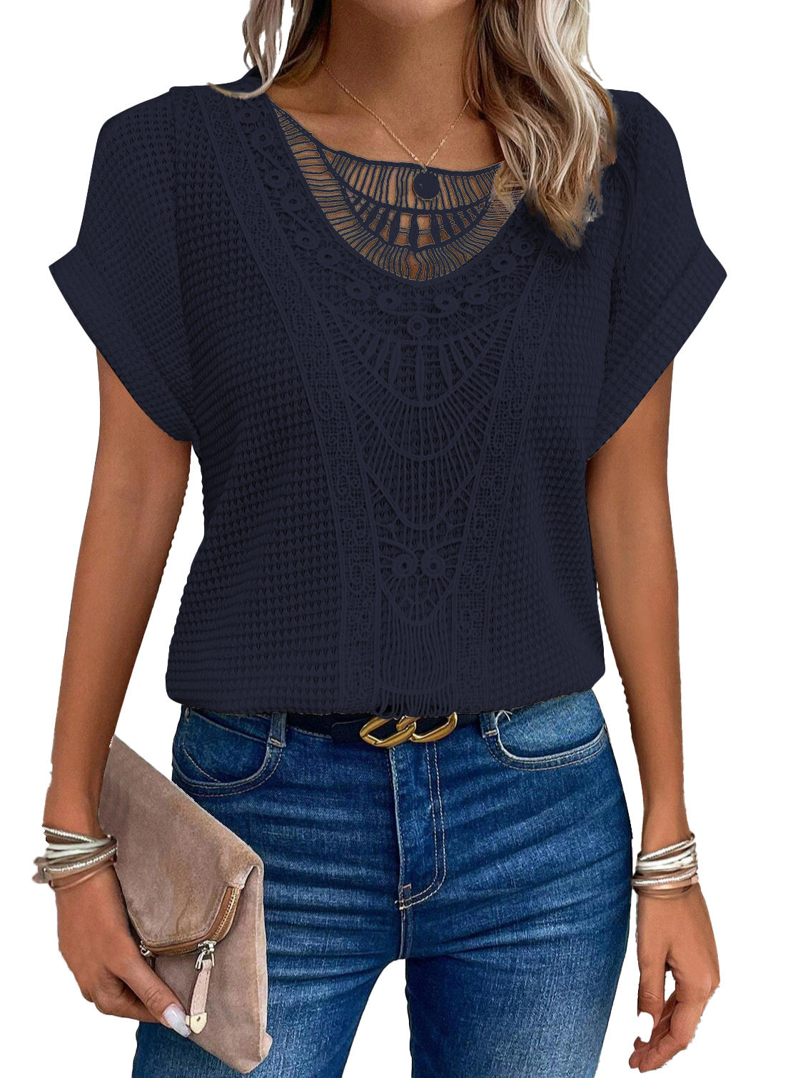 ☀️ Women’s Summer Hollow Out T-Shirt – Ethnic Style Fashion Short Sleeve Top.