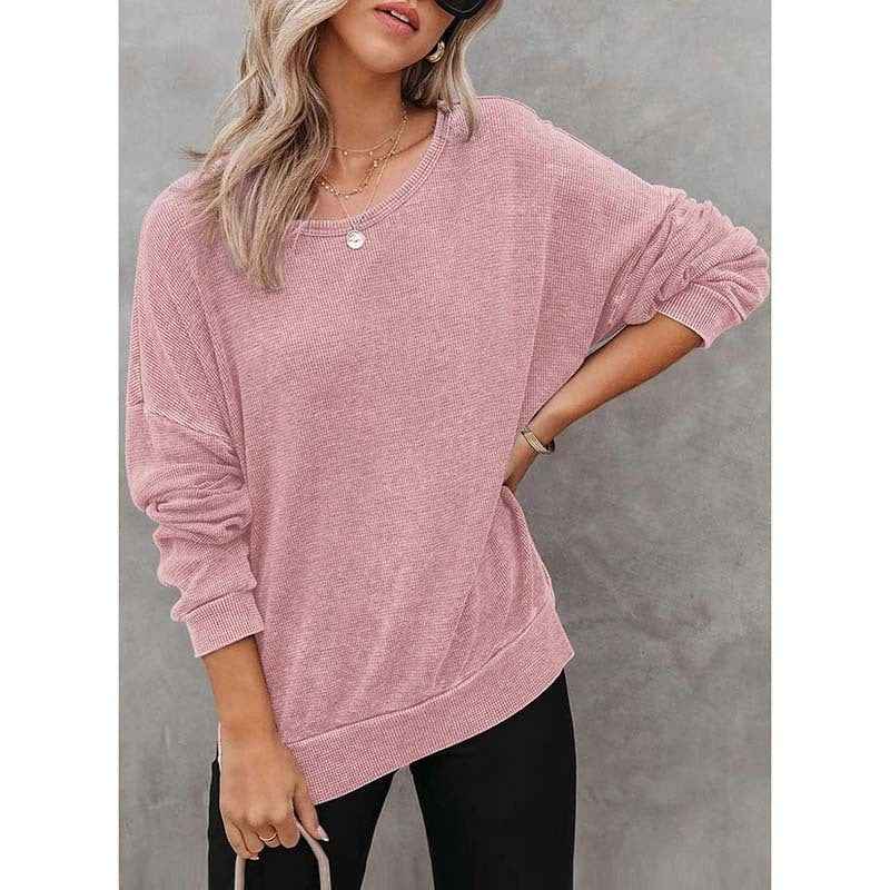 Womens Waffle Knit Crewneck Sweatshirts Long Sleeve Side Slits Casual Pullover Sweatshirt Tops.