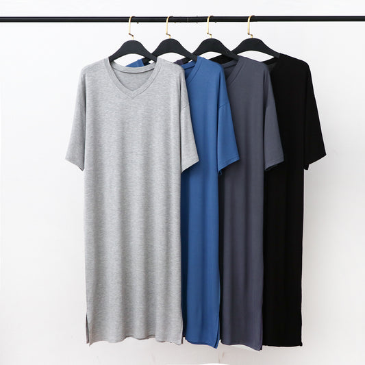 Men’s Modal V-Neck Nightgown – Soft Knee-Length Short-Sleeve Sleep Dress.