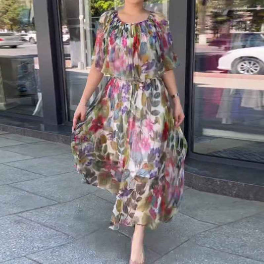 Women’s Vintage Floral Print Maxi Dress – Elegant Long Sleeve A-Line Boho Chic Evening Gown.