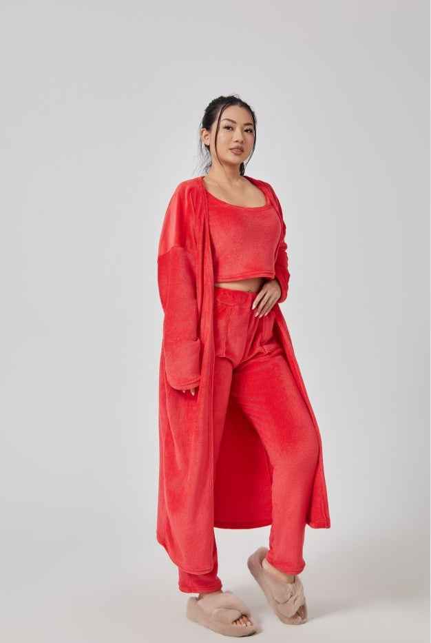 Women’s 3-Piece Cozy Winter Lounge Set – Soft Pajama Pants, Tank Top & Warm Cardigan.