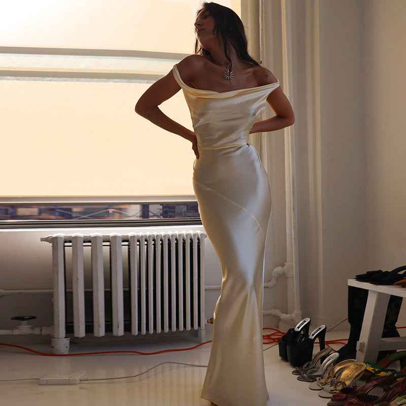Fashion Satin Backless Slip Dress with Swing Collar – Elegant Evening & Party Dress.