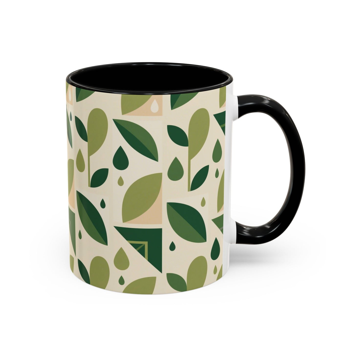 Mug - Abstract Green Leaf and Water Drop Pattern, Minimal Geometric Design.