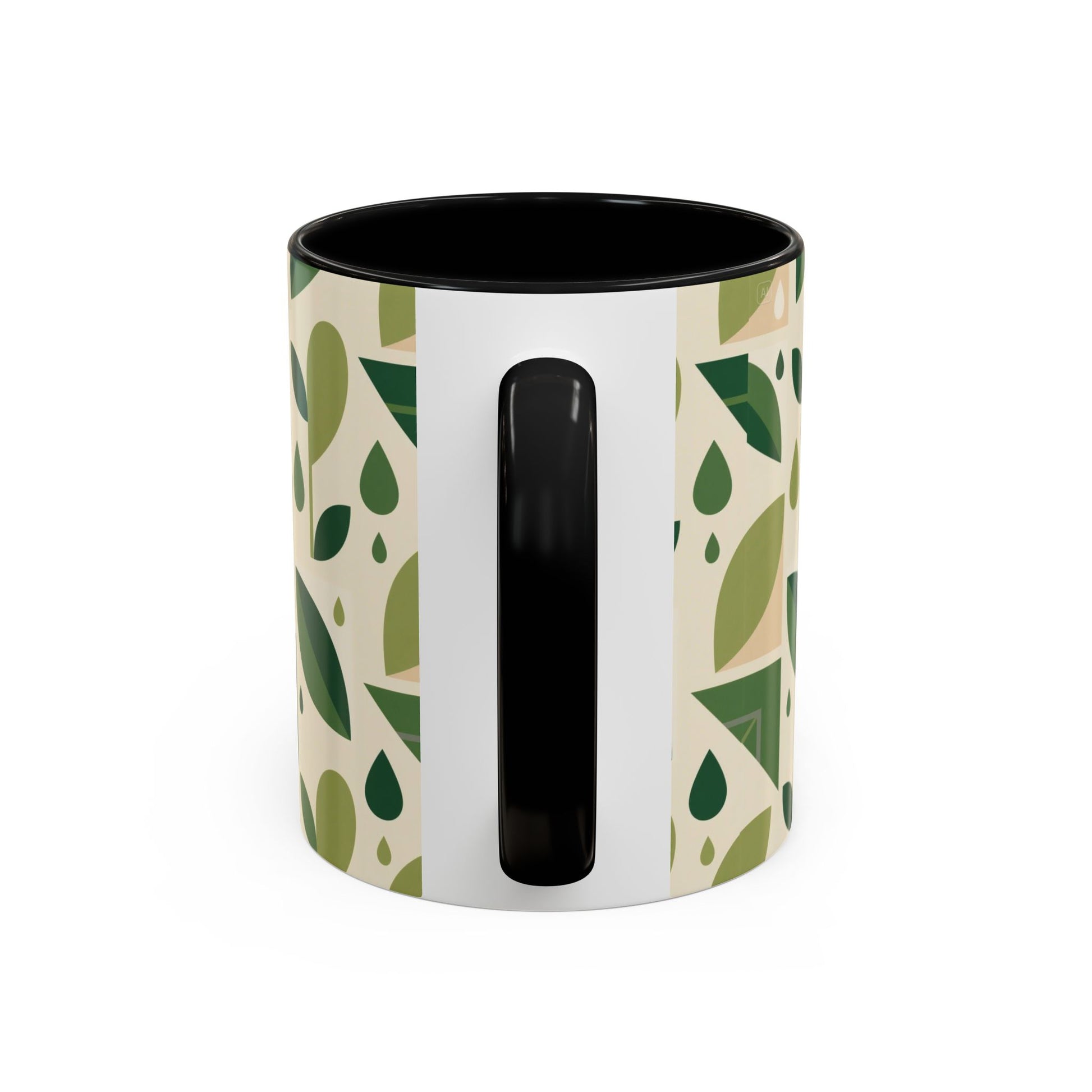 Mug - Abstract Green Leaf and Water Drop Pattern, Minimal Geometric Design.