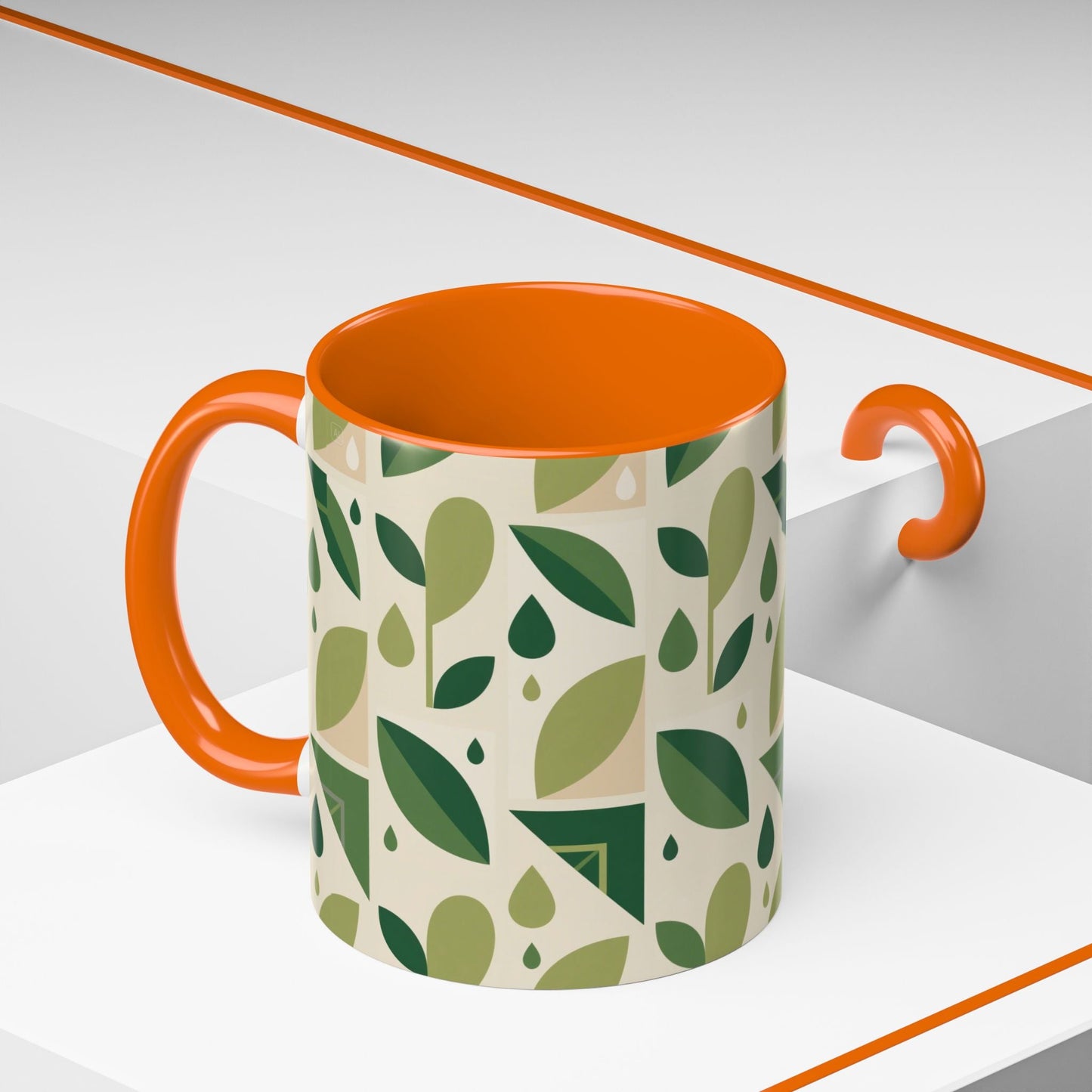 Mug - Abstract Green Leaf and Water Drop Pattern, Minimal Geometric Design Printify
