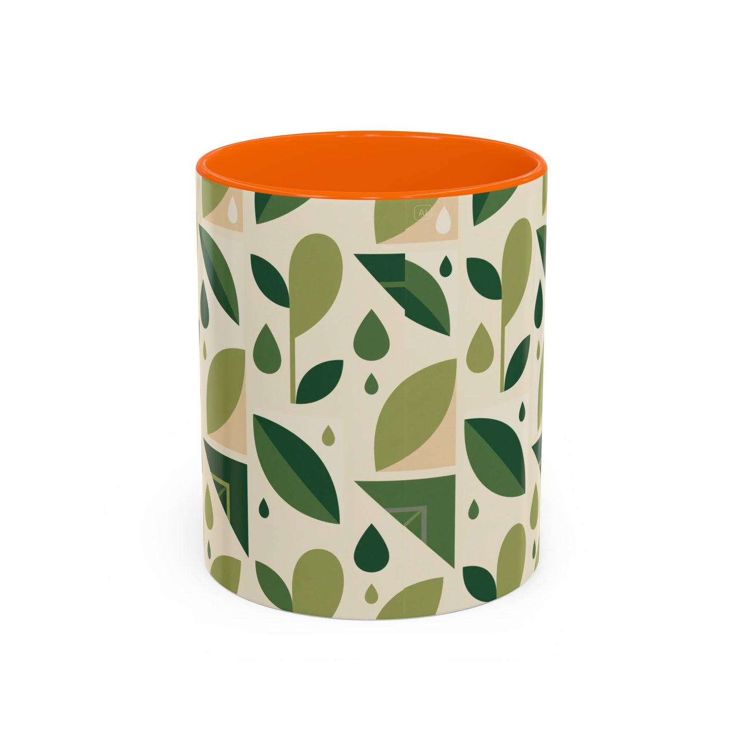 Mug - Abstract Green Leaf and Water Drop Pattern, Minimal Geometric Design.