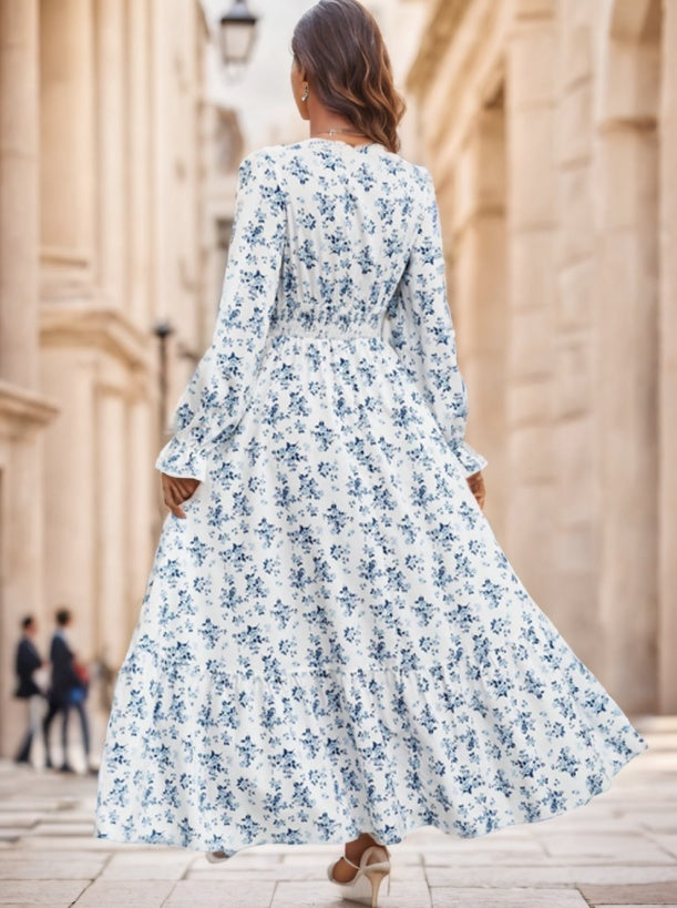 Floral Print Flounce Sleeve Shirred Maxi Dress – Women’s Boho Chic Summer Outfit.