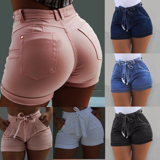 5 Color 8 Size Belt Washed Denim Shorts Micro-elastic