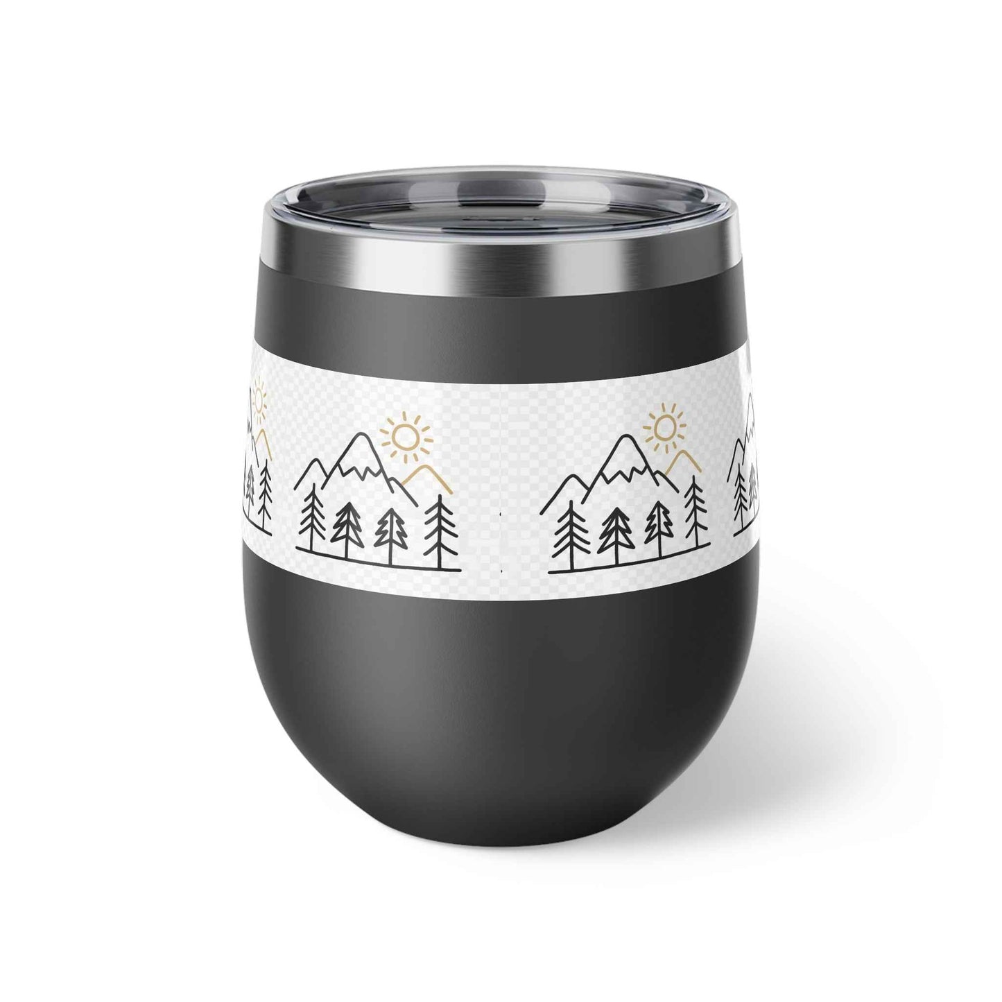 Mug, Simple Line Art Mountains and Pine Trees, 12oz Copper Vacuum Insulated Cup.