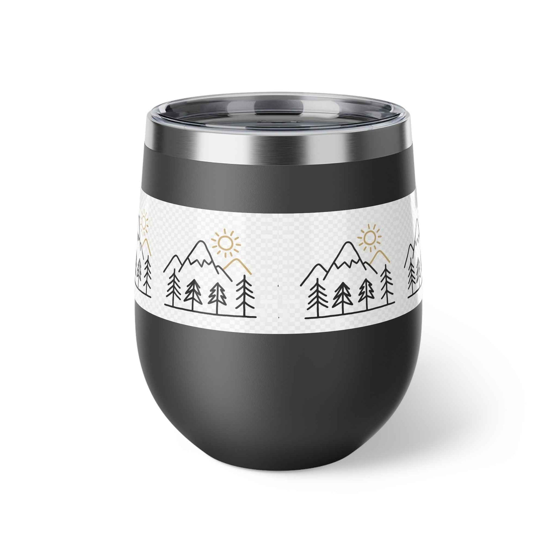 Mug, Simple Line Art Mountains and Pine Trees, 12oz Copper Vacuum Insulated Cup.