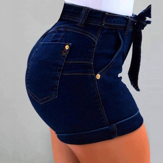 5 Color 8 Size Belt Washed Denim Shorts Micro-elastic