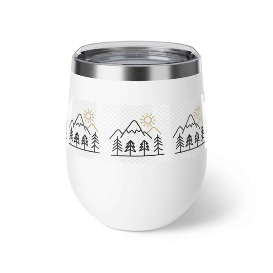 Mug, Simple Line Art Mountains and Pine Trees, 12oz Copper Vacuum Insulated Cup.