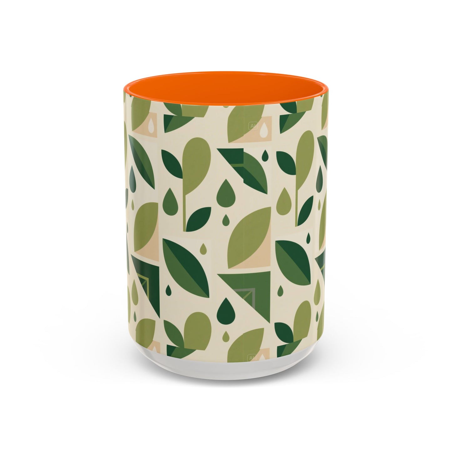 Mug - Abstract Green Leaf and Water Drop Pattern, Minimal Geometric Design.
