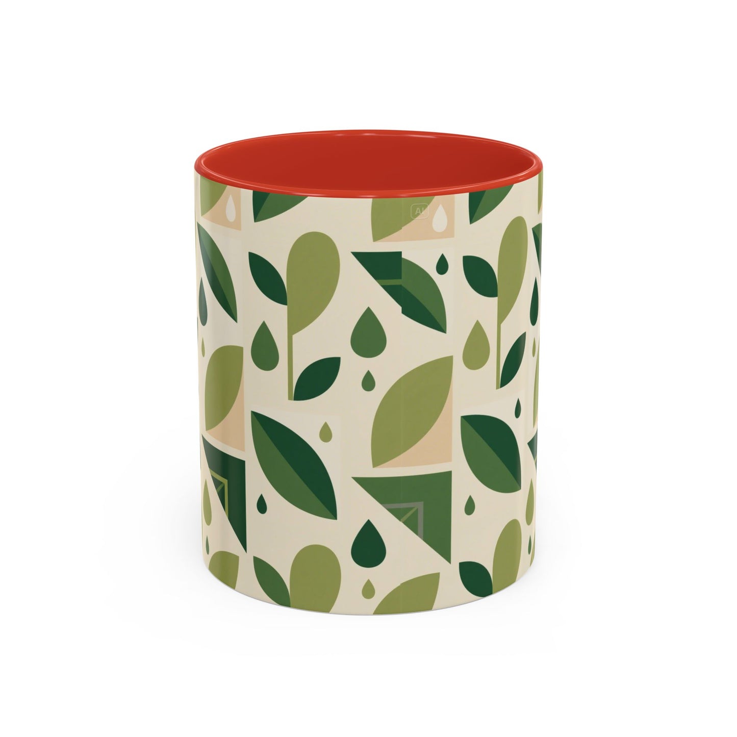 Mug - Abstract Green Leaf and Water Drop Pattern, Minimal Geometric Design.