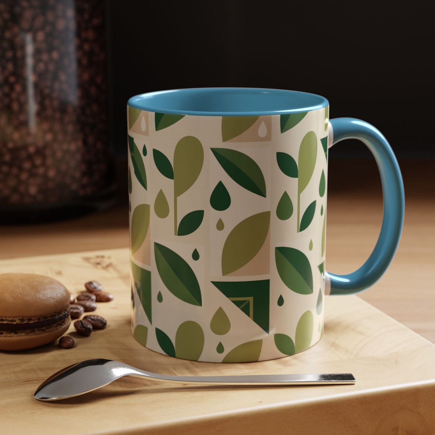 Mug - Abstract Green Leaf and Water Drop Pattern, Minimal Geometric Design Printify