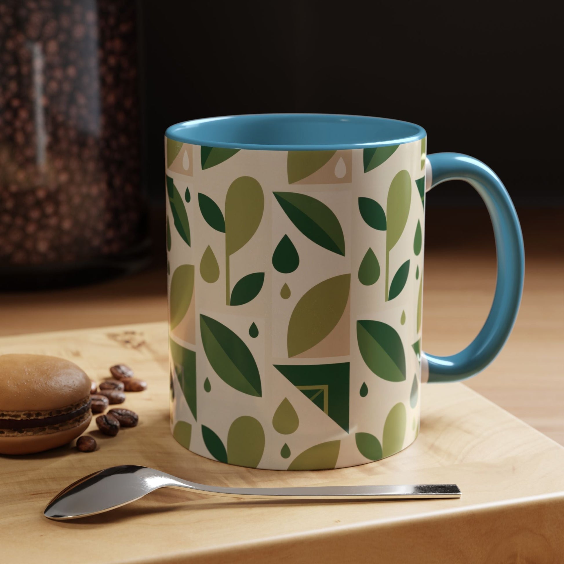 Mug - Abstract Green Leaf and Water Drop Pattern, Minimal Geometric Design Printify
