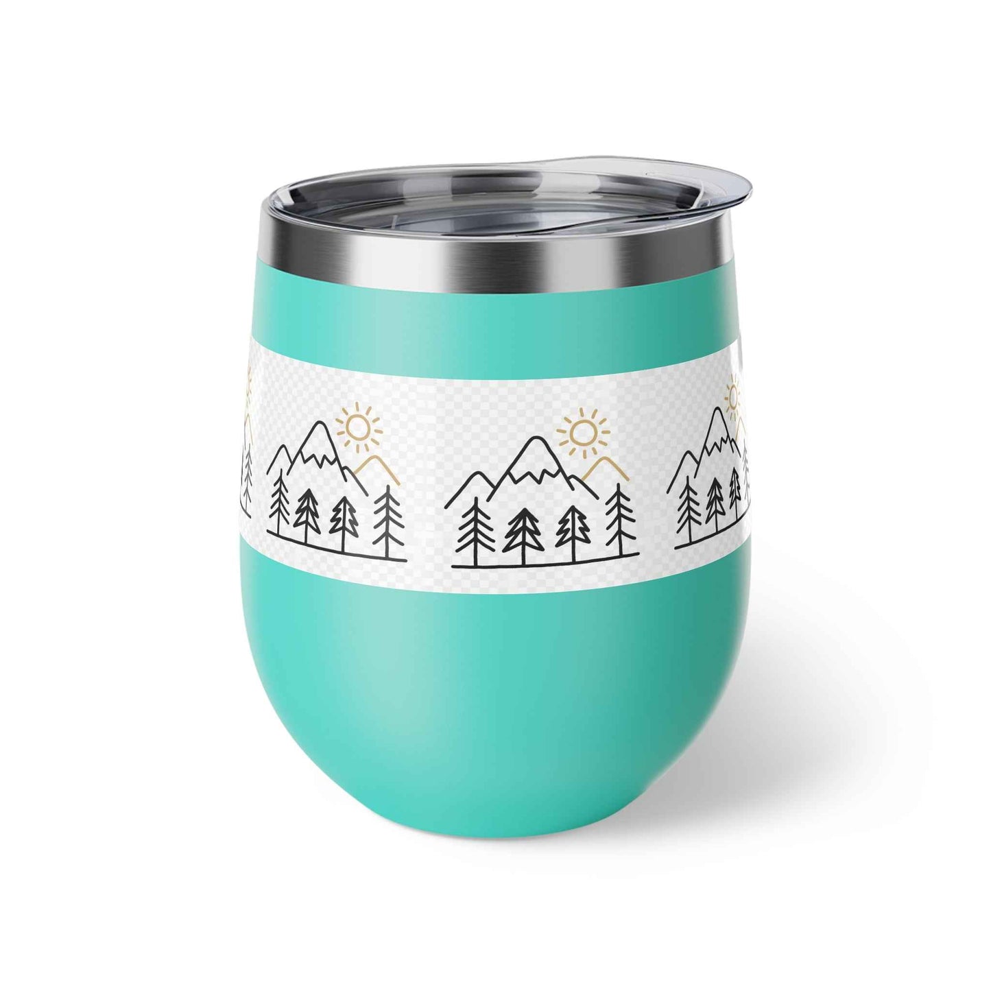Mug, Simple Line Art Mountains and Pine Trees, 12oz Copper Vacuum Insulated Cup.