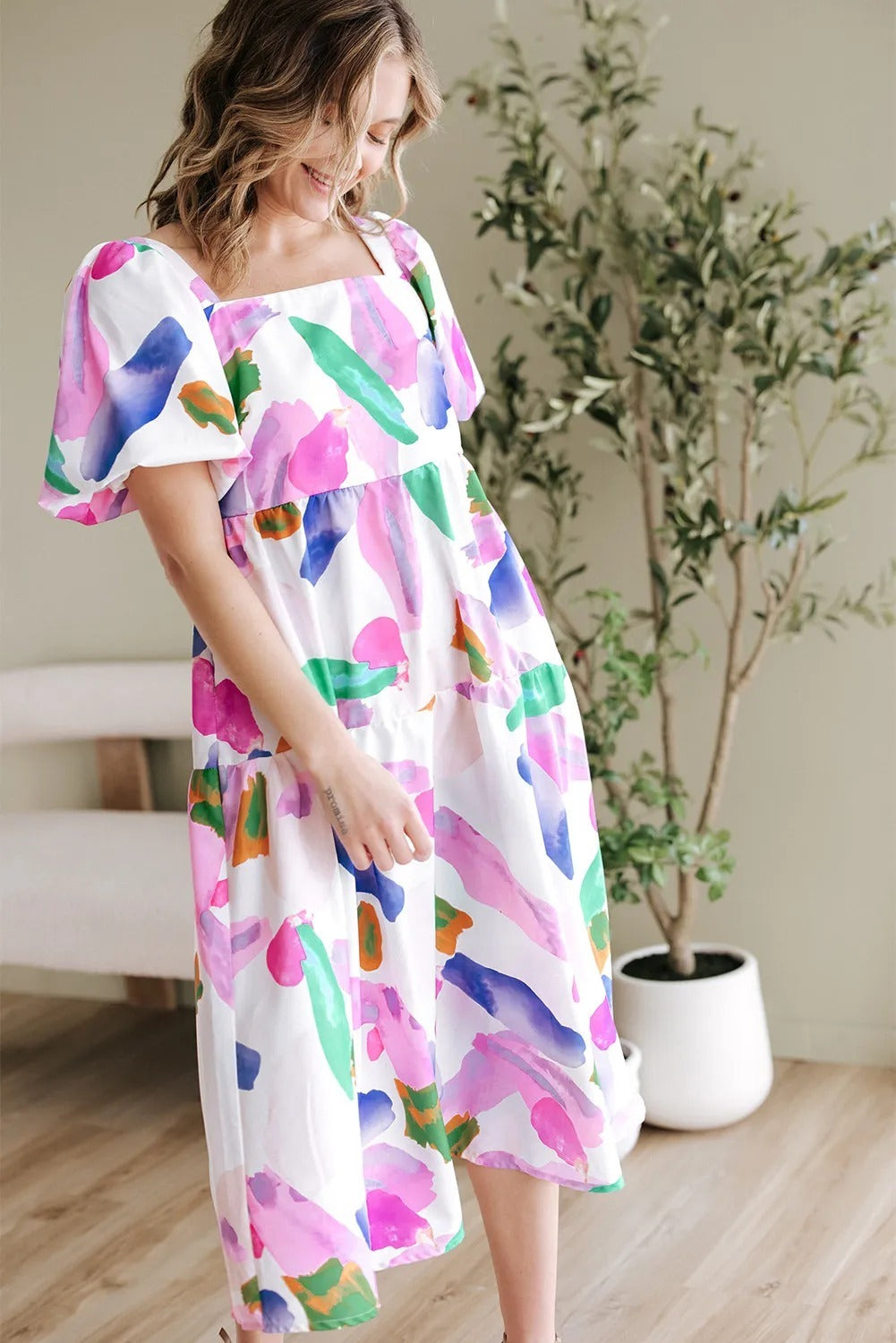 Purple Abstract Print Puff Sleeve Midi Dress – Smocked Back Summer Fashion.