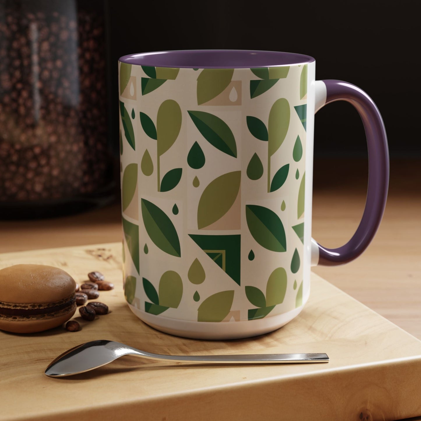 Mug - Abstract Green Leaf and Water Drop Pattern, Minimal Geometric Design Printify