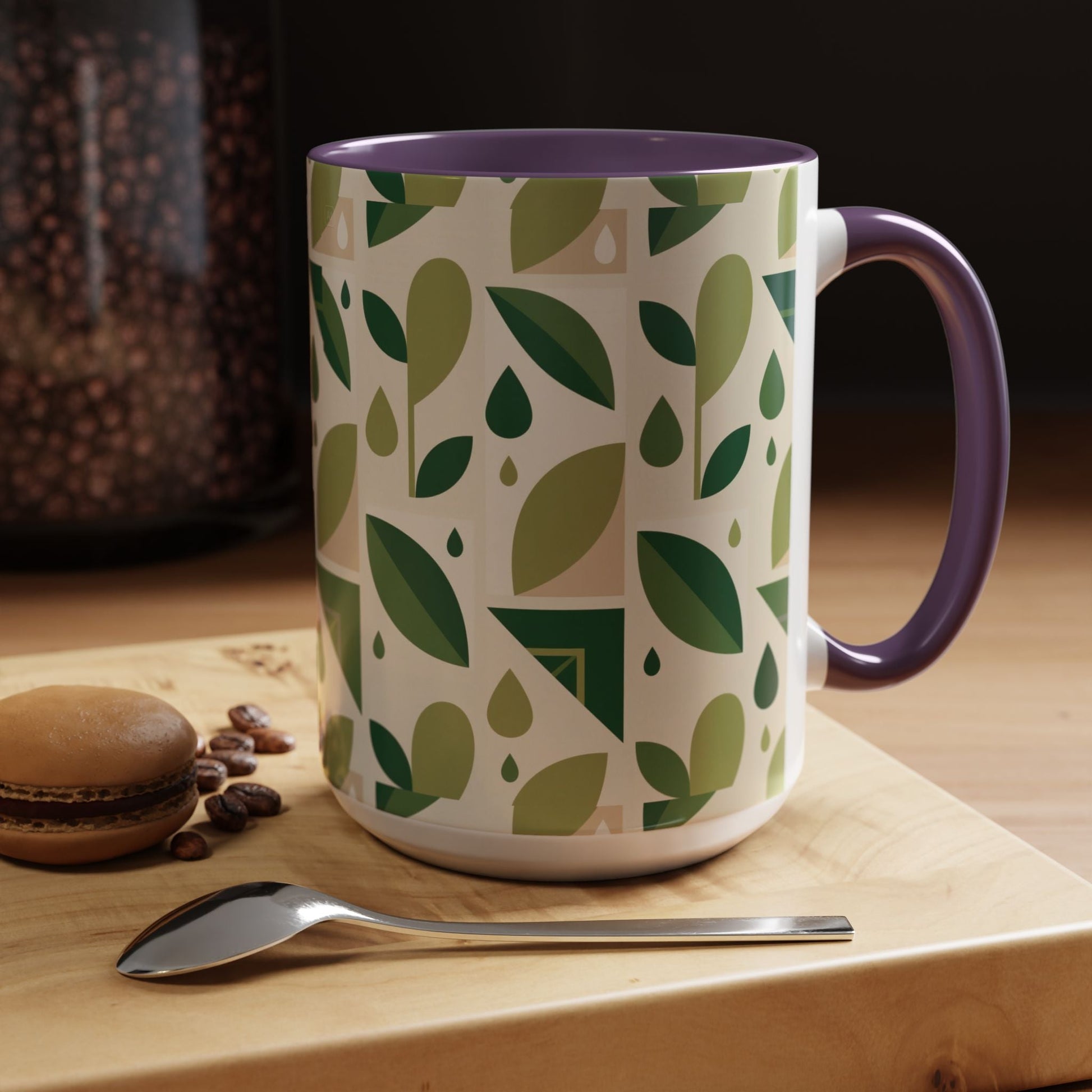 Mug - Abstract Green Leaf and Water Drop Pattern, Minimal Geometric Design Printify