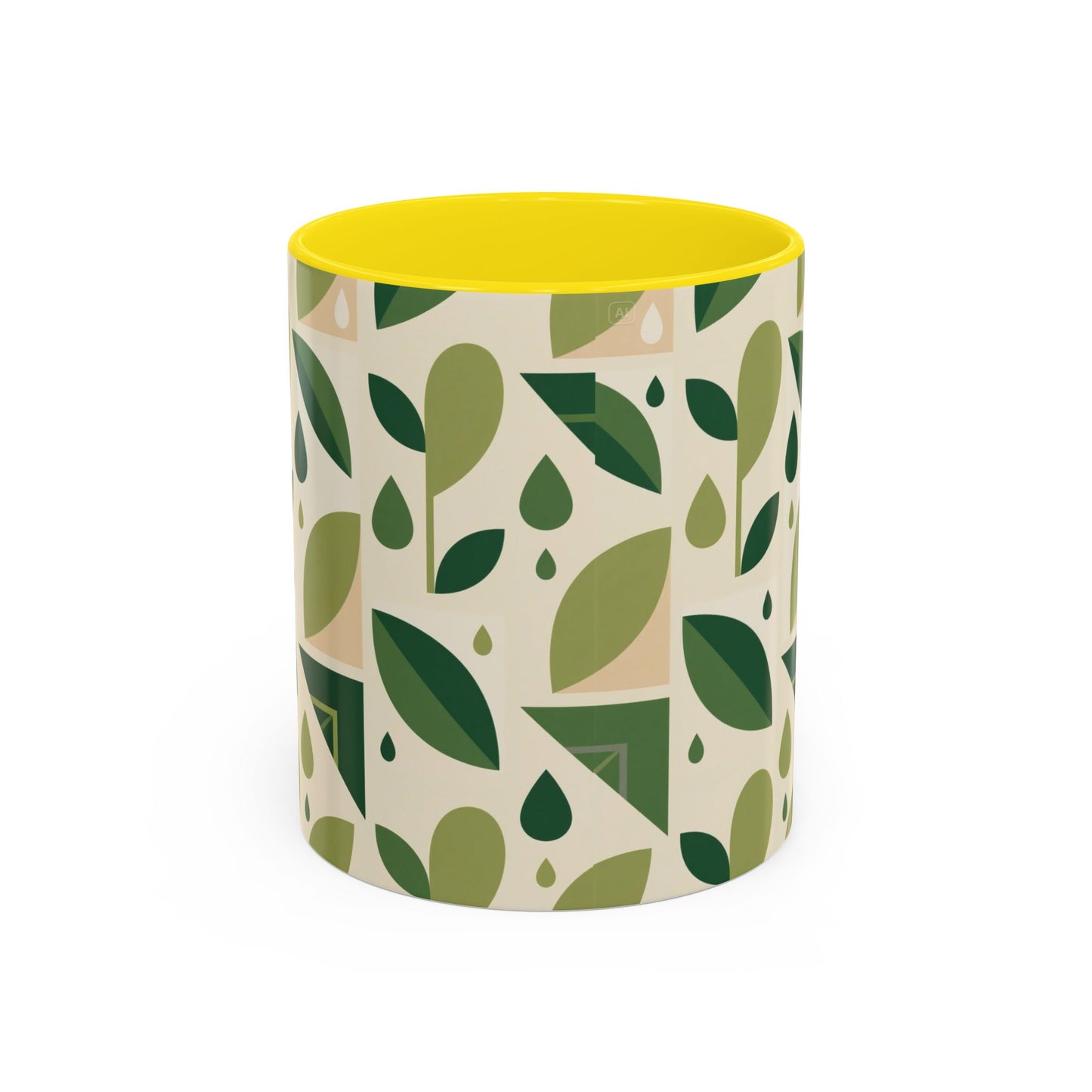 Mug - Abstract Green Leaf and Water Drop Pattern, Minimal Geometric Design.