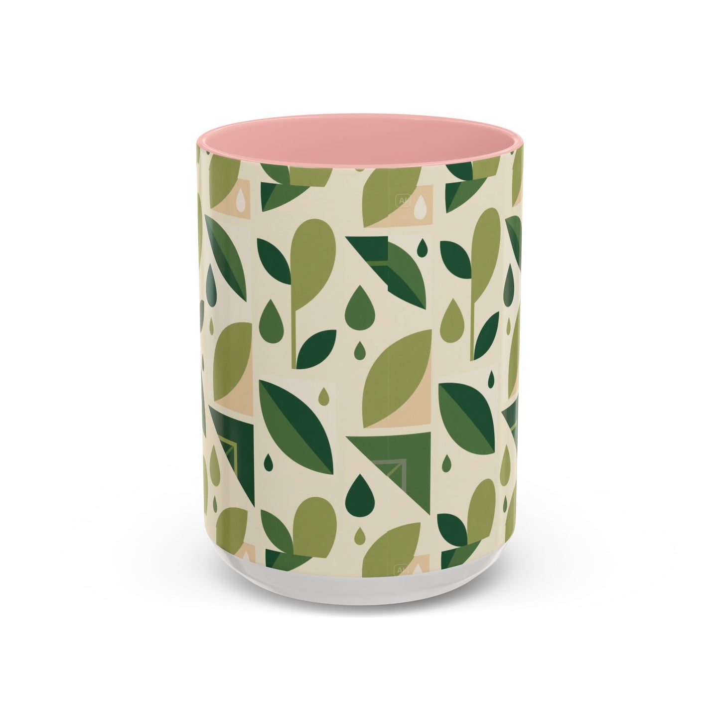 Mug - Abstract Green Leaf and Water Drop Pattern, Minimal Geometric Design.