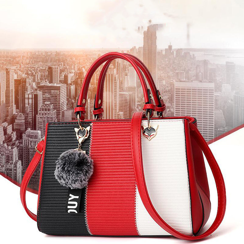 Women’s Patchwork Handbag with Hairball Charm – Party, Crossbody, Shoulder & Messenger Bag.