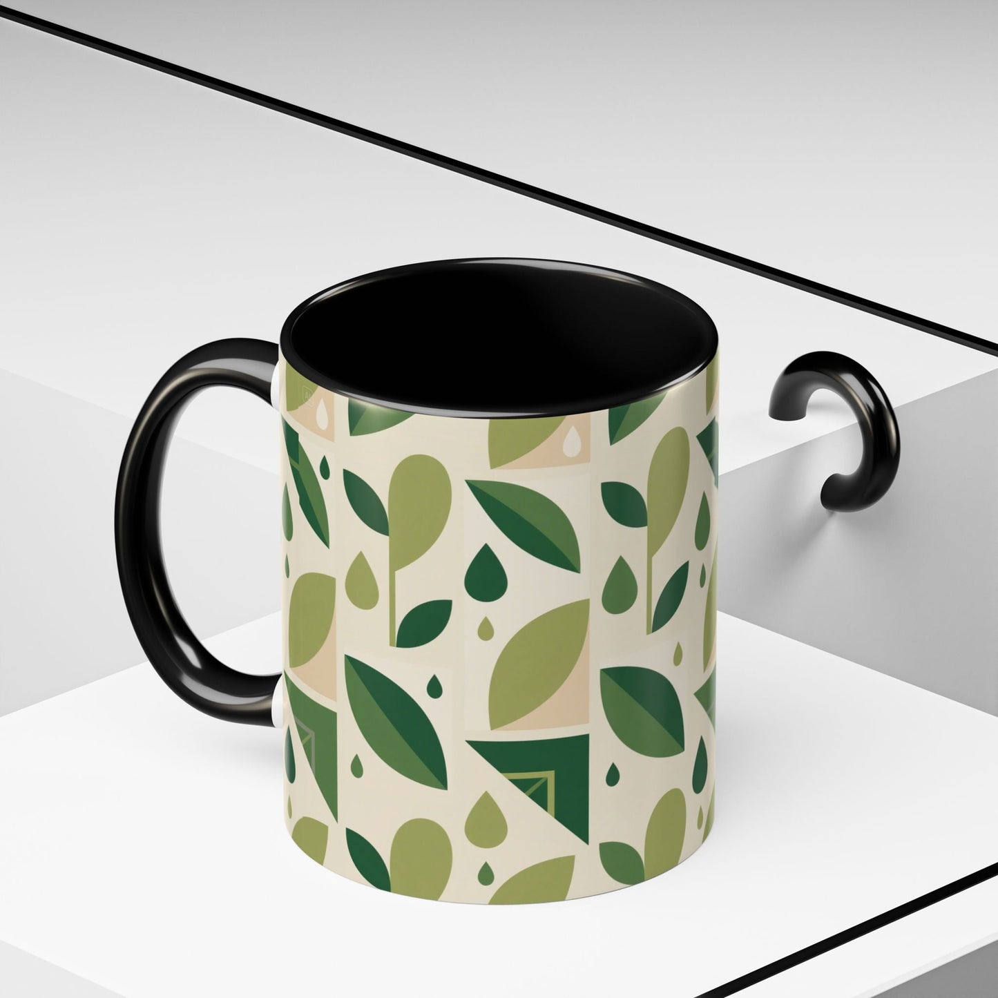 Mug - Abstract Green Leaf and Water Drop Pattern, Minimal Geometric Design Printify