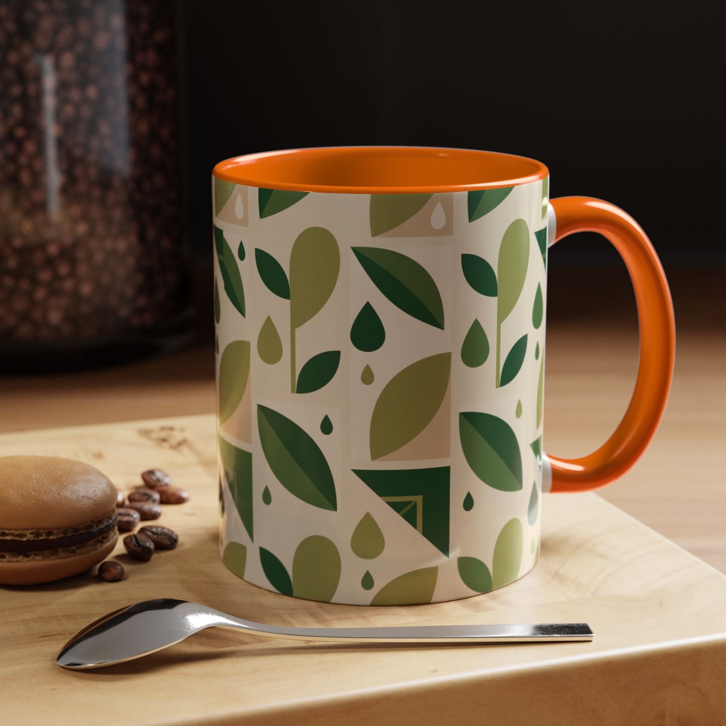 Mug - Abstract Green Leaf and Water Drop Pattern, Minimal Geometric Design Printify