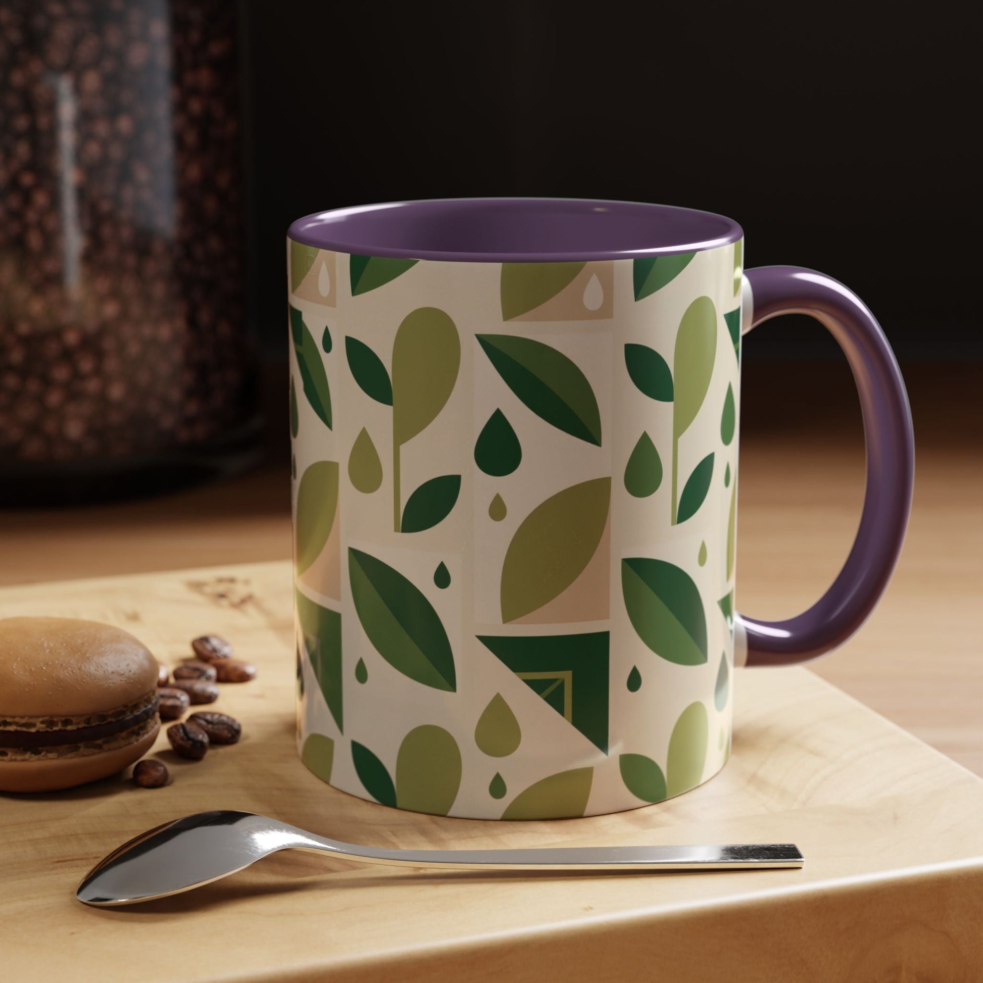 Mug - Abstract Green Leaf and Water Drop Pattern, Minimal Geometric Design Printify