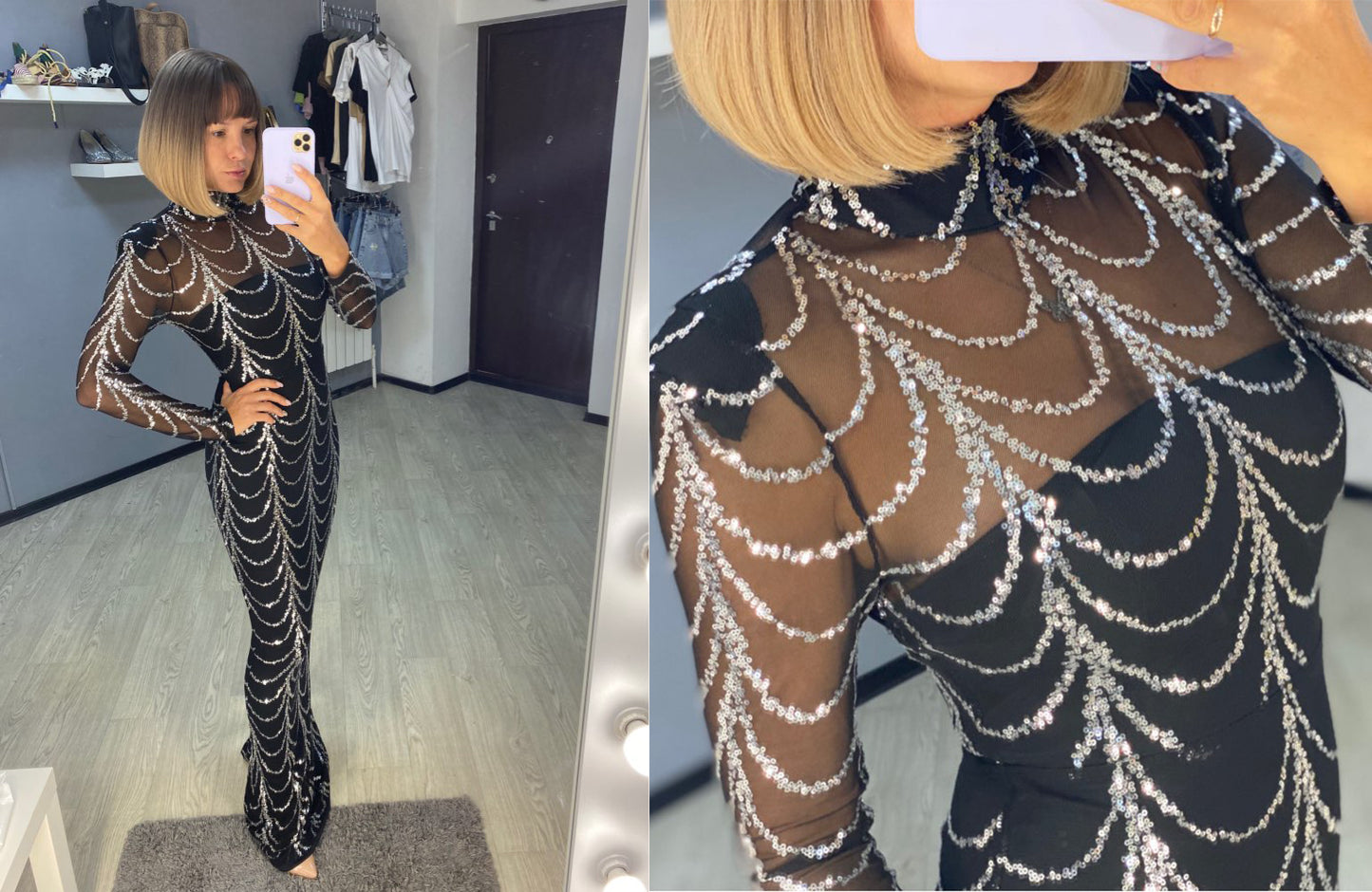 Sequins Women’s Long Sleeve Maxi Dress – Elegant Sparkly Evening & Party Gown.