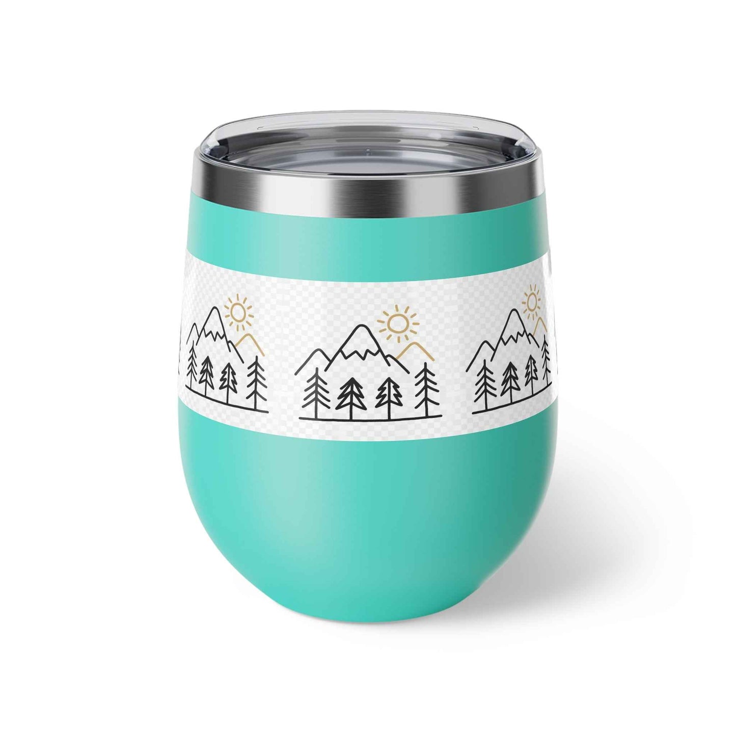 Mug, Simple Line Art Mountains and Pine Trees, 12oz Copper Vacuum Insulated Cup.