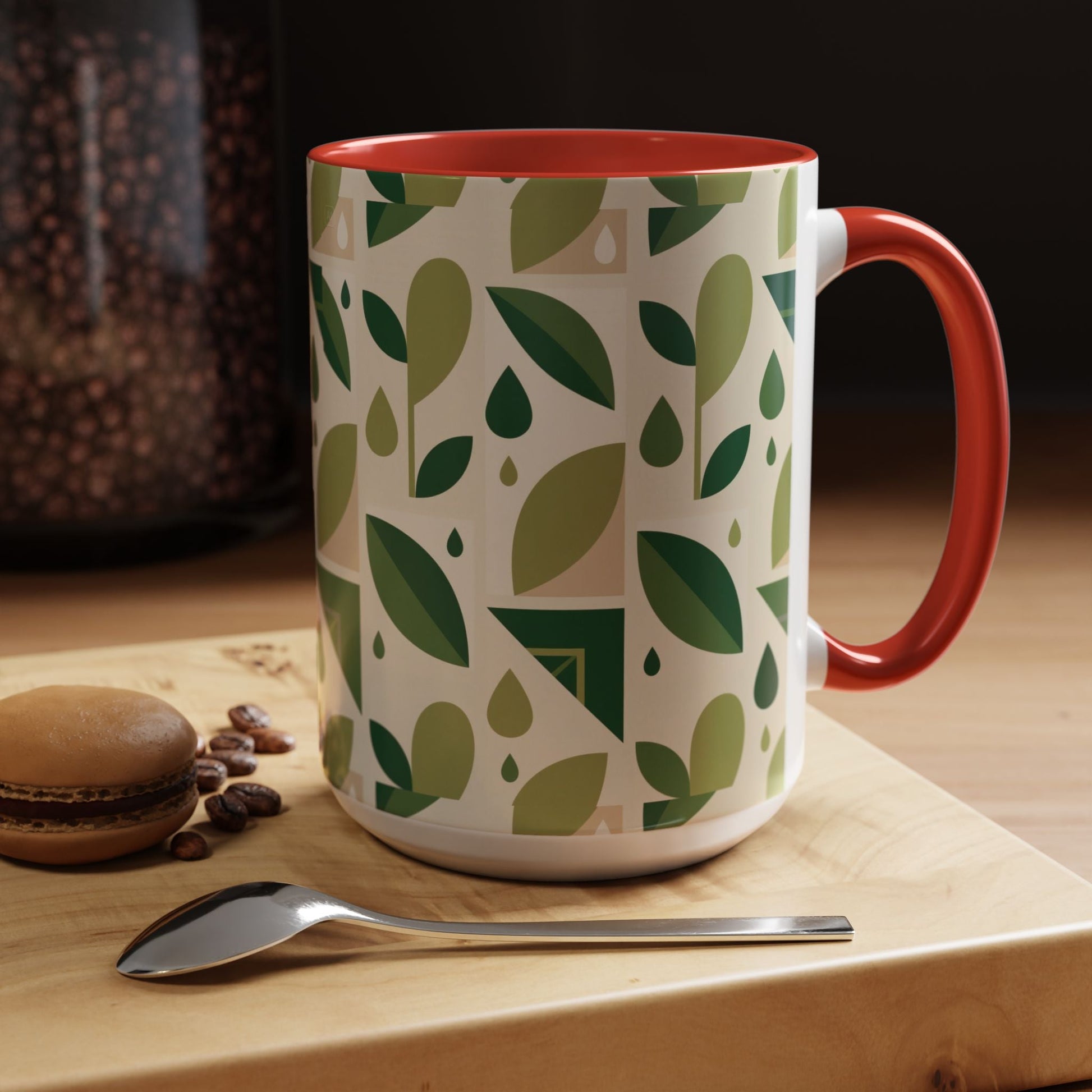 Mug - Abstract Green Leaf and Water Drop Pattern, Minimal Geometric Design Printify
