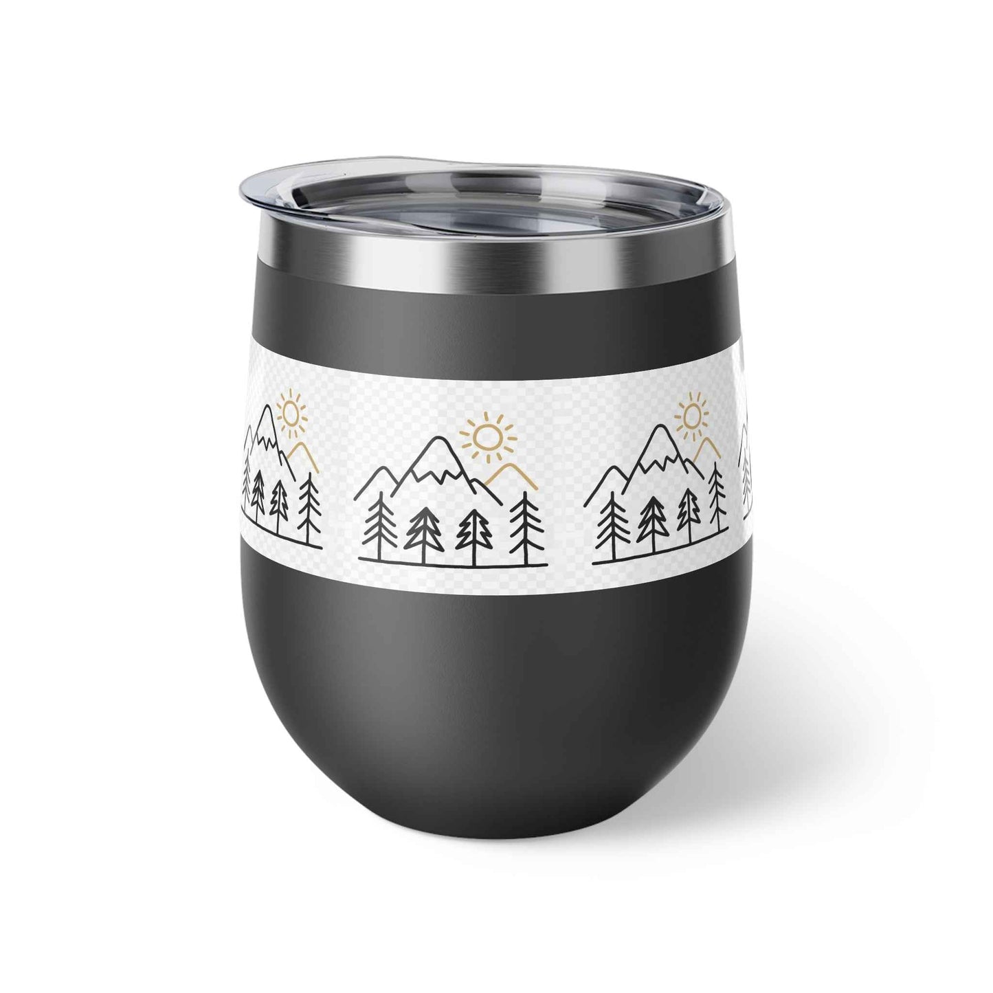 Mug, Simple Line Art Mountains and Pine Trees, 12oz Copper Vacuum Insulated Cup.