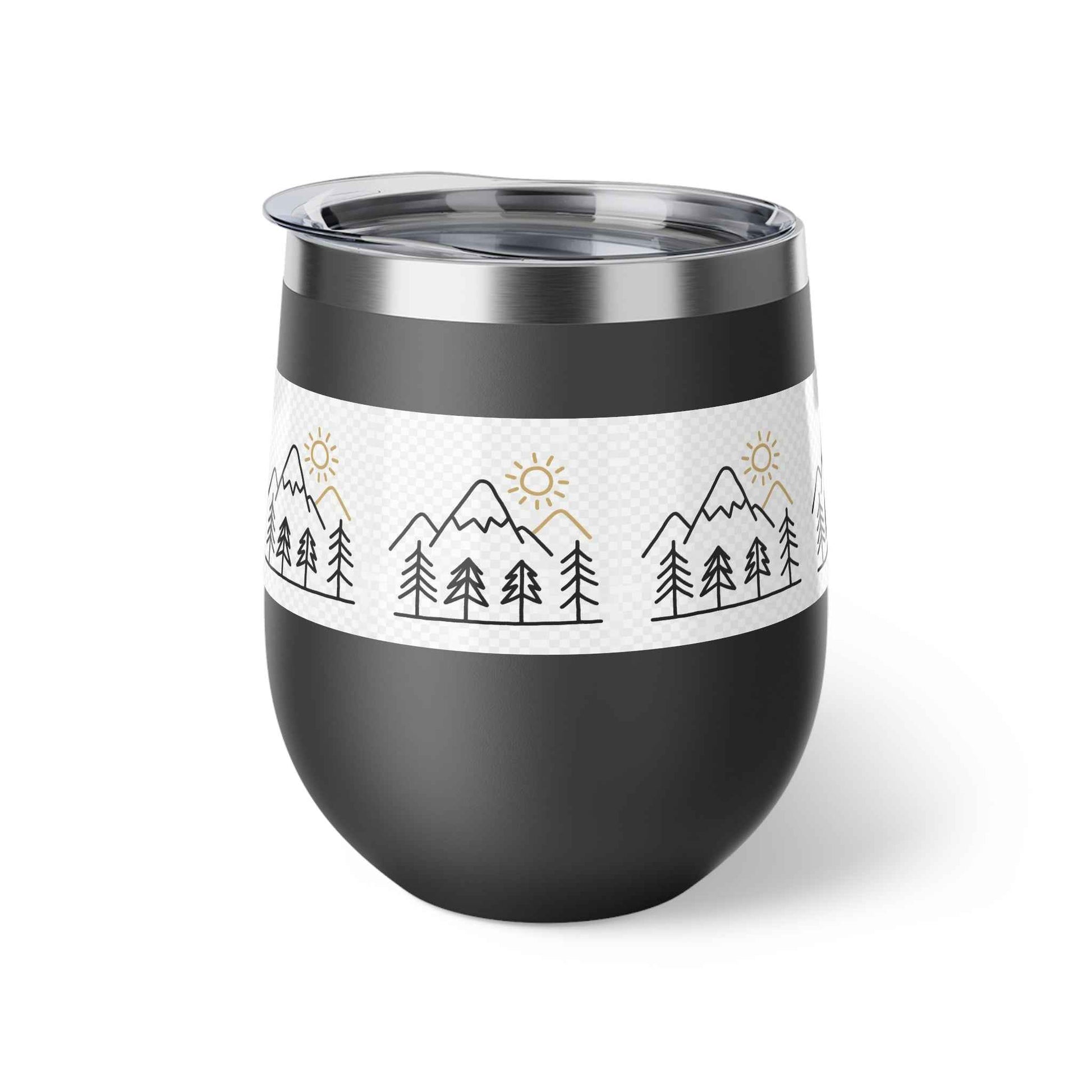 Mug, Simple Line Art Mountains and Pine Trees, 12oz Copper Vacuum Insulated Cup.
