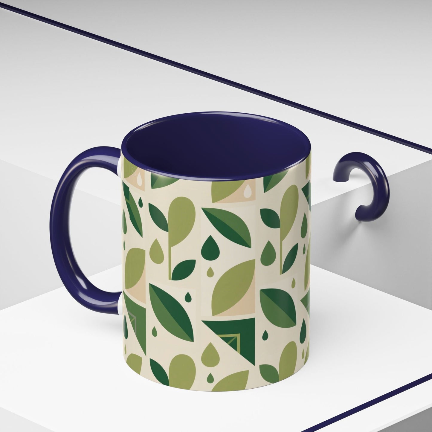 Mug - Abstract Green Leaf and Water Drop Pattern, Minimal Geometric Design Printify