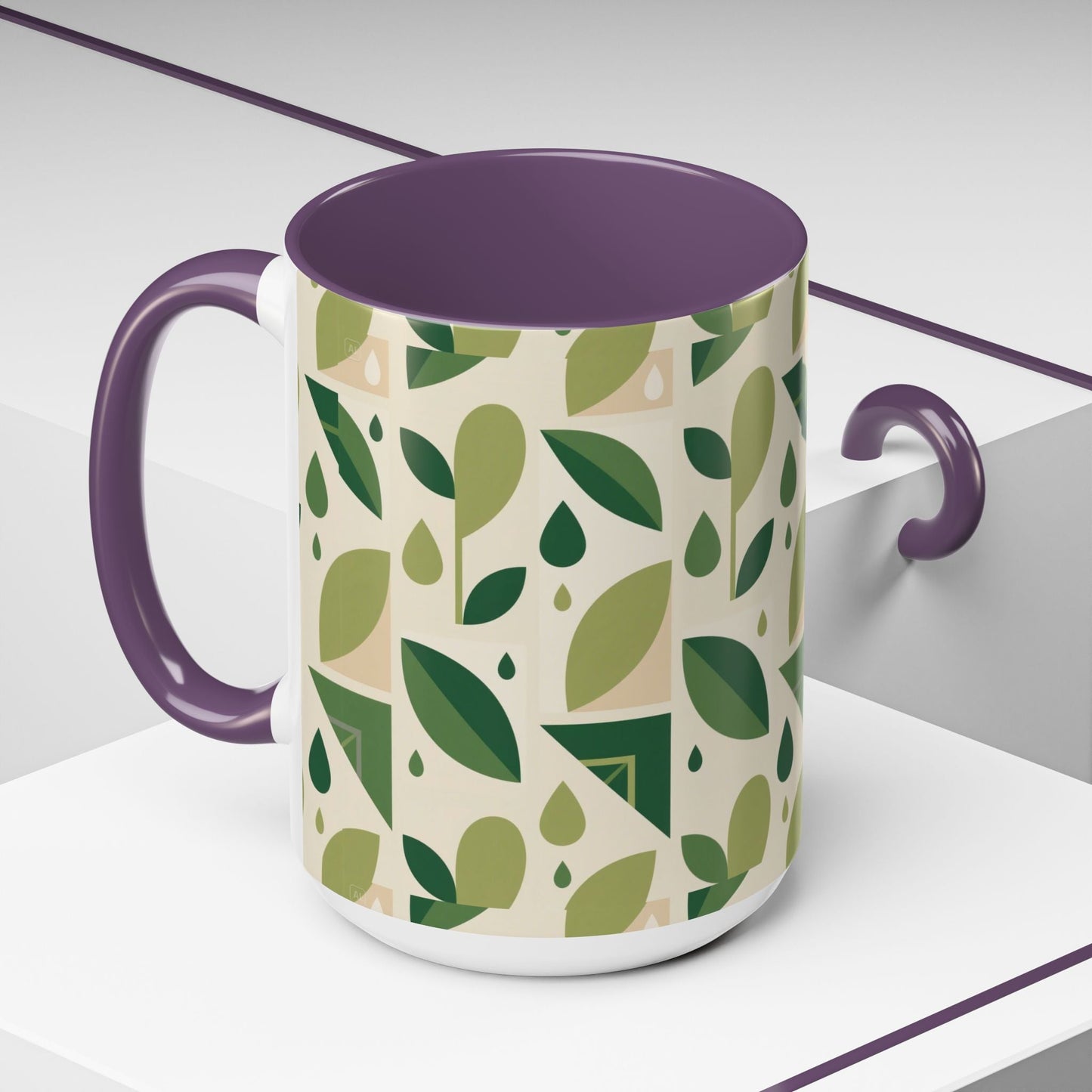 Mug - Abstract Green Leaf and Water Drop Pattern, Minimal Geometric Design Printify