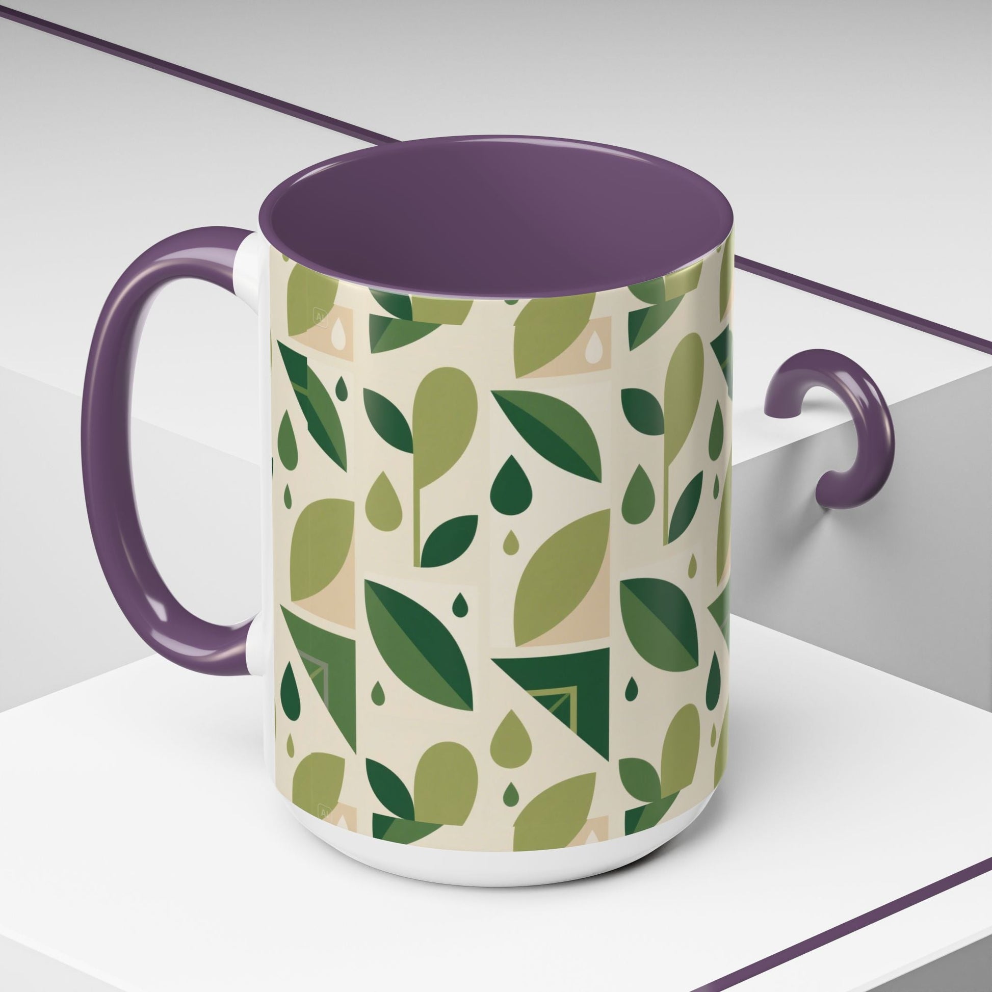 Mug - Abstract Green Leaf and Water Drop Pattern, Minimal Geometric Design Printify