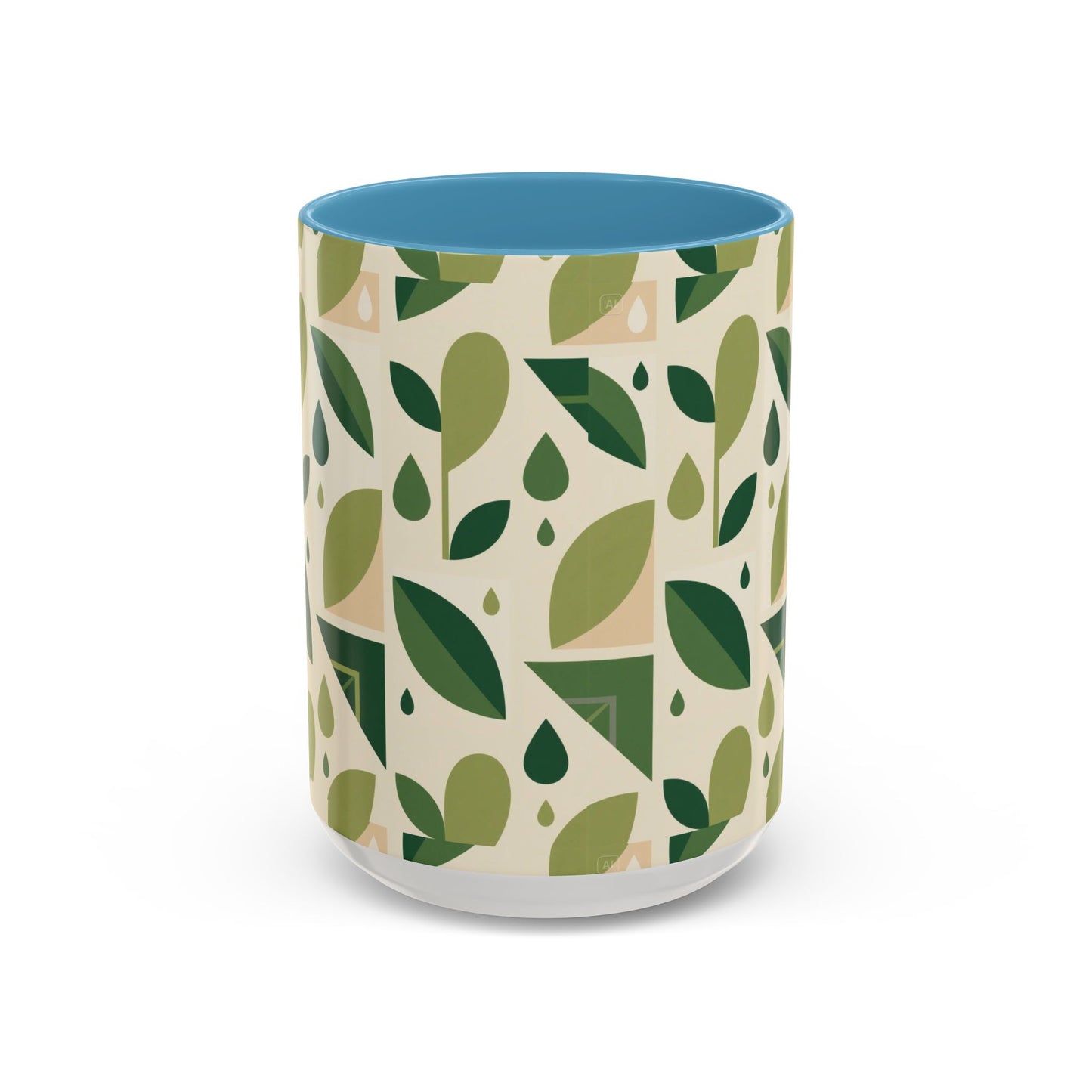 Mug - Abstract Green Leaf and Water Drop Pattern, Minimal Geometric Design.