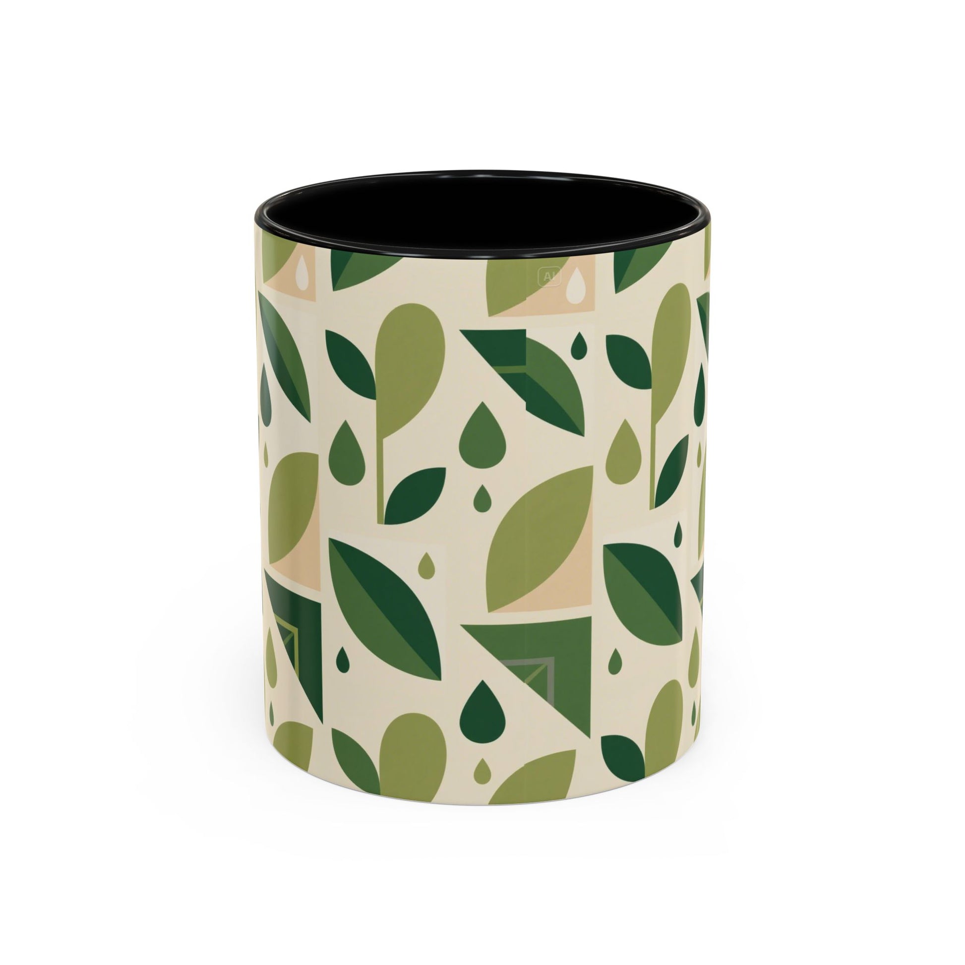 Mug - Abstract Green Leaf and Water Drop Pattern, Minimal Geometric Design.
