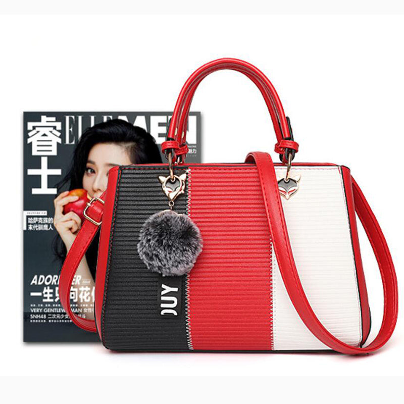 Women’s Patchwork Handbag with Hairball Charm – Party, Crossbody, Shoulder & Messenger Bag.