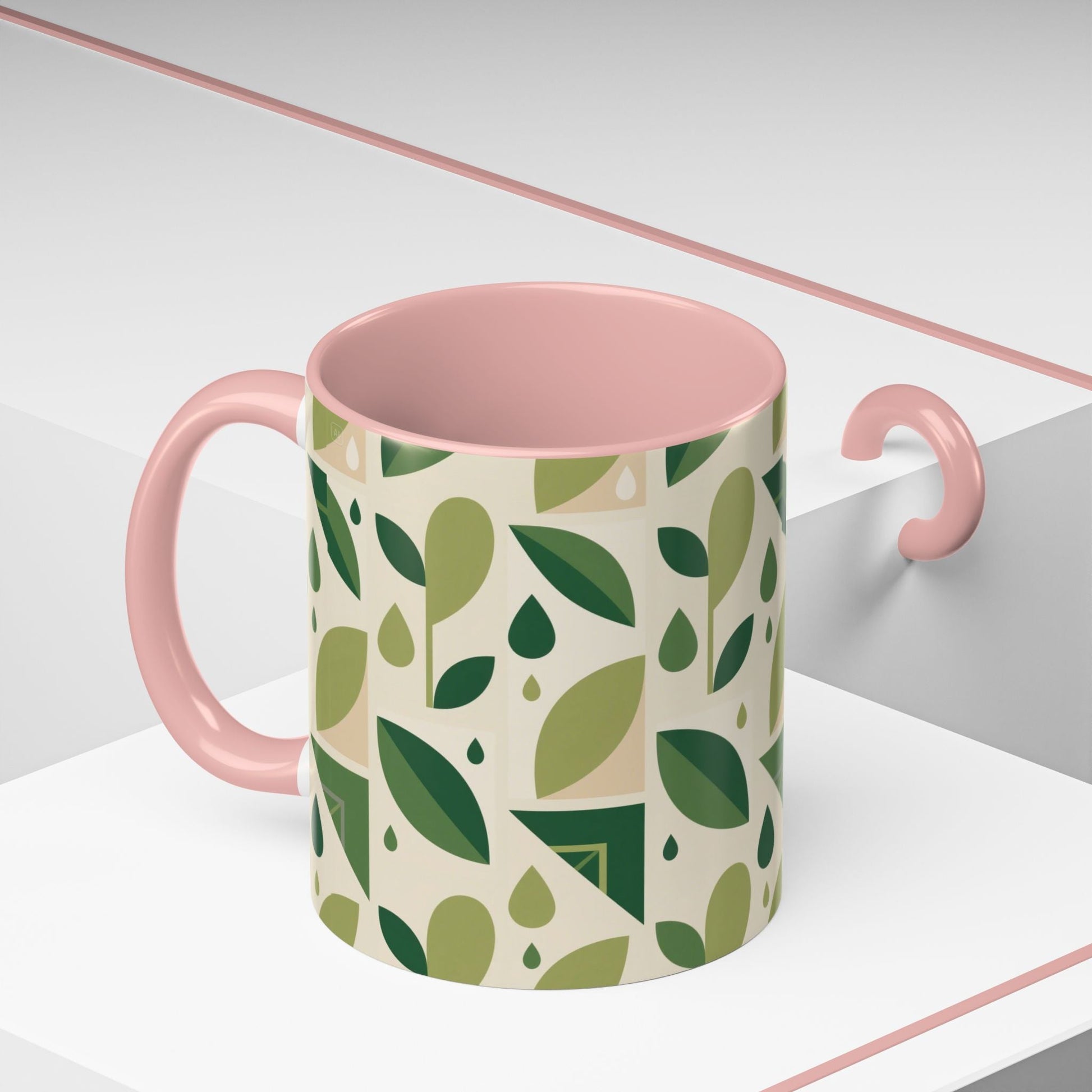Mug - Abstract Green Leaf and Water Drop Pattern, Minimal Geometric Design Printify
