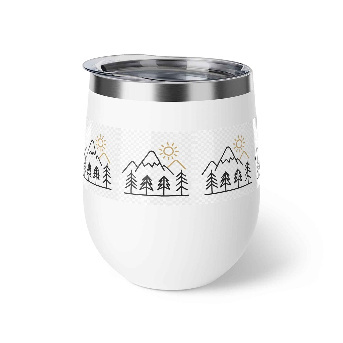 Mug, Simple Line Art Mountains and Pine Trees, 12oz Copper Vacuum Insulated Cup.