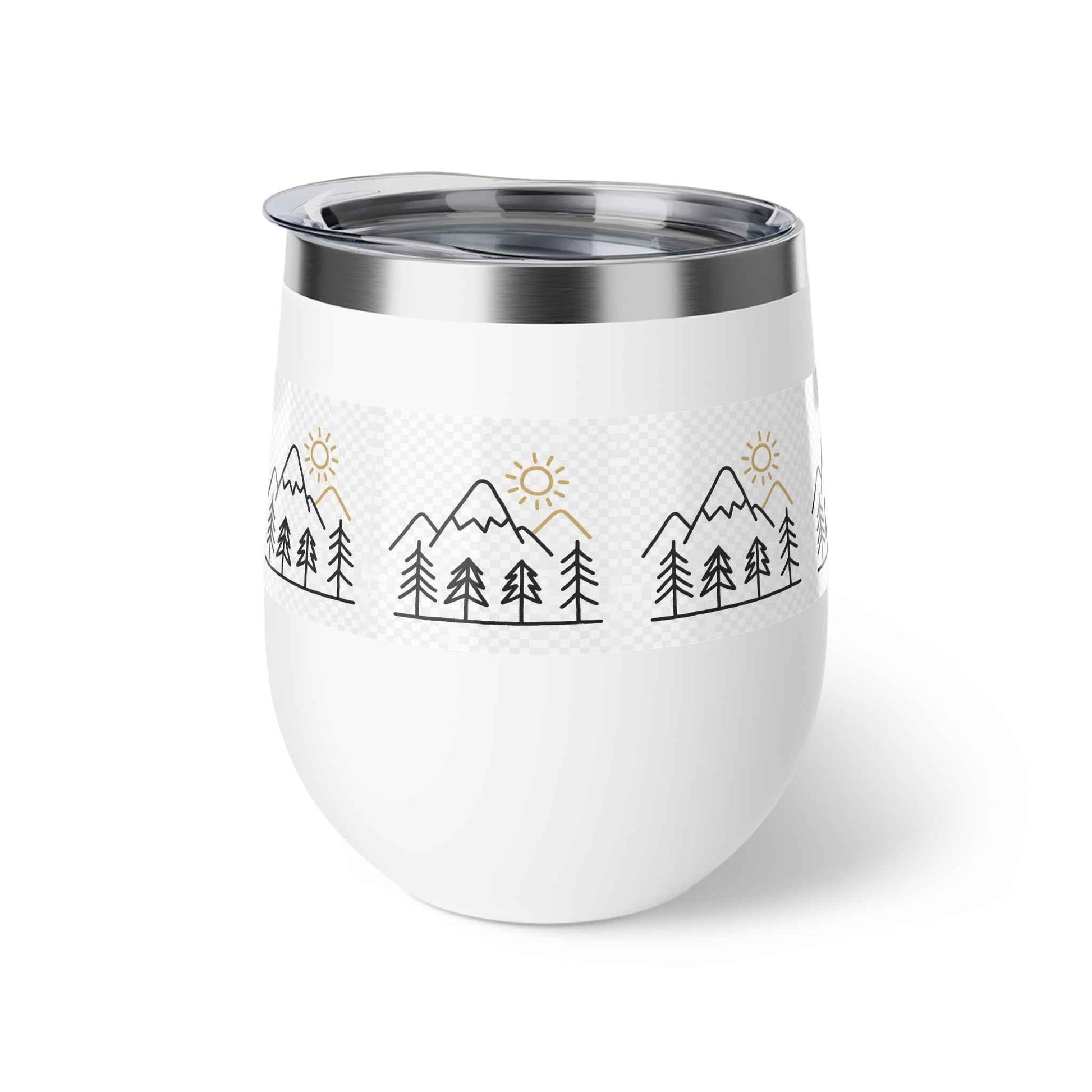 Mug, Simple Line Art Mountains and Pine Trees, 12oz Copper Vacuum Insulated Cup.