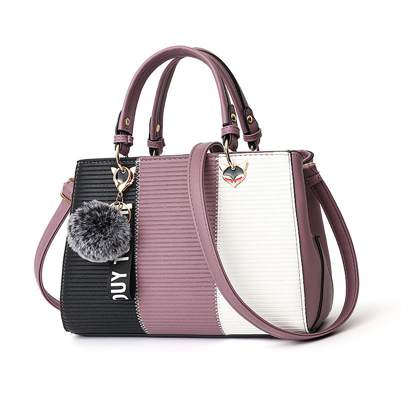 Women’s Patchwork Handbag with Hairball Charm – Party, Crossbody, Shoulder & Messenger Bag.