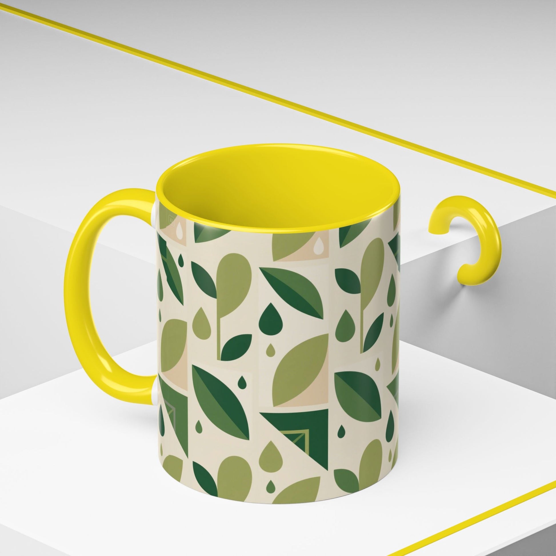 Mug - Abstract Green Leaf and Water Drop Pattern, Minimal Geometric Design Printify