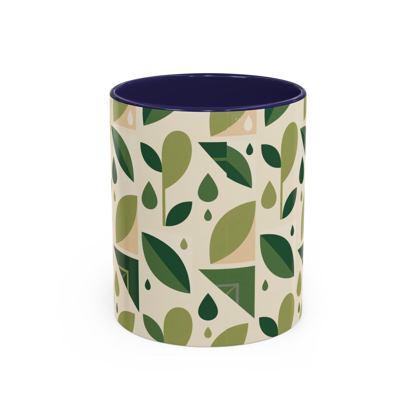 Mug - Abstract Green Leaf and Water Drop Pattern, Minimal Geometric Design.