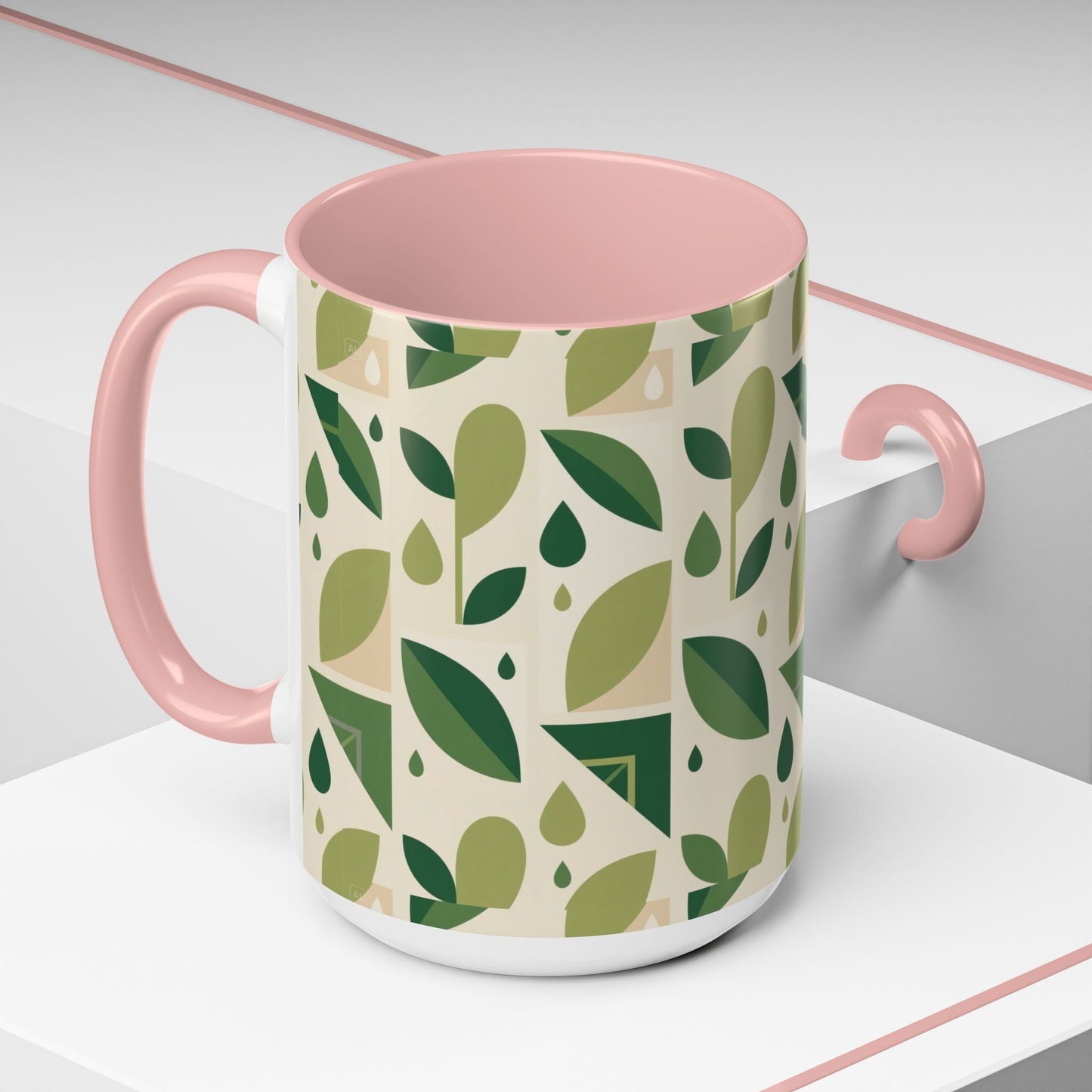 Mug - Abstract Green Leaf and Water Drop Pattern, Minimal Geometric Design Printify