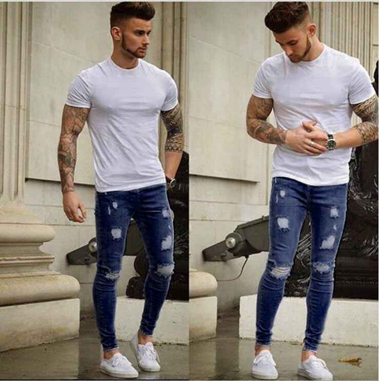 Men’s Slim Fit Frayed Hem Jeans – Distressed Stretch Denim Pants for Casual & Street Style.